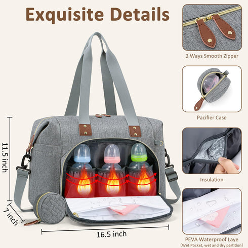 Diaper Bag Tote: Grey, Large Tote for Women with Pacifier Case & Shoulder Straps, Cute Hospital Baby Diaper Bag for Mom