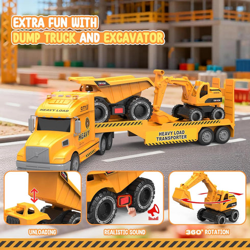 3 4 5 6 27" 3-in-1 Toddler Toys for Year Old Boys - Large Semi Construction Carrier Truck Toy with Excavator and Dump