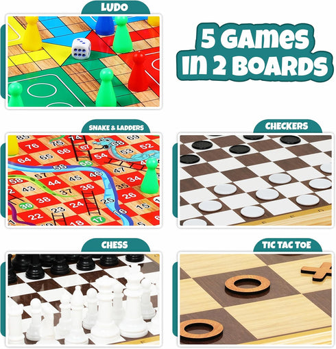 5-in-1 Set 2 Ankit Toys & Games Wooden Board Game Includes Ludo, Snakes & Ladders, Chess, Checkers, and Tic Tac Toe.