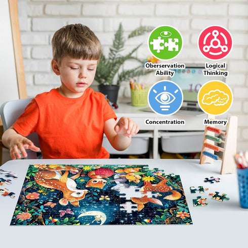 Puzzles for Kids Ages 4-8 - Cute Deer Party in Forest Night - 100 Piece Jigsaw Puzzles for Educational Learning
