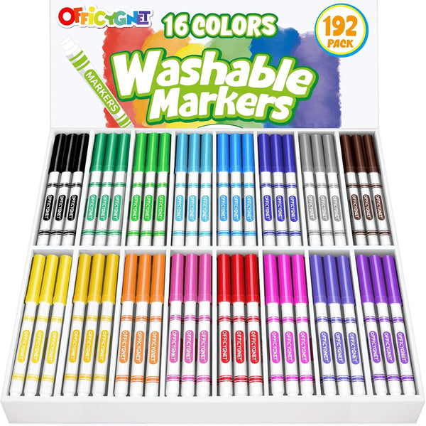 Officygnet 192 Count Washable Markers Bulk, 16 Assorted Colors, Conical Tip with