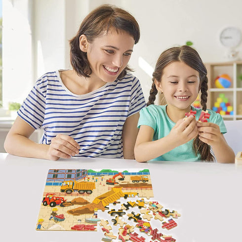 LELEMON 100 Pieces Jigsaw Puzzles - Metal Box for Kids Age 4-8, Construction Site Vehicles Educational Toys