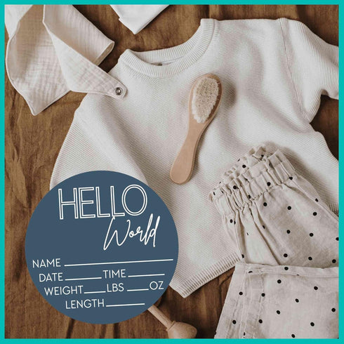 Hello World Newborn Sign - Baby Name Birth Announcement Plaque for Hospital - Photo Prop - Blue Nursery Decor - Shower