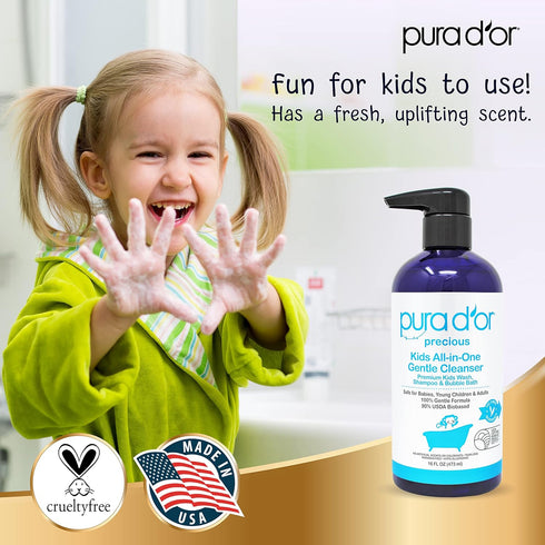 PURA D'OR Kids Wash, 16 Oz, All-in-One Gentle Cleanser, USDA Biobased, Tear-Less