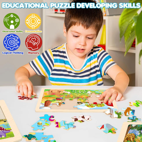 3 4 5 4 Pack 24 Wooden Animals Puzzles for Kids Age Year Old, Pcs Montessori Toddler Jigsaw Puzzles for Girl boy