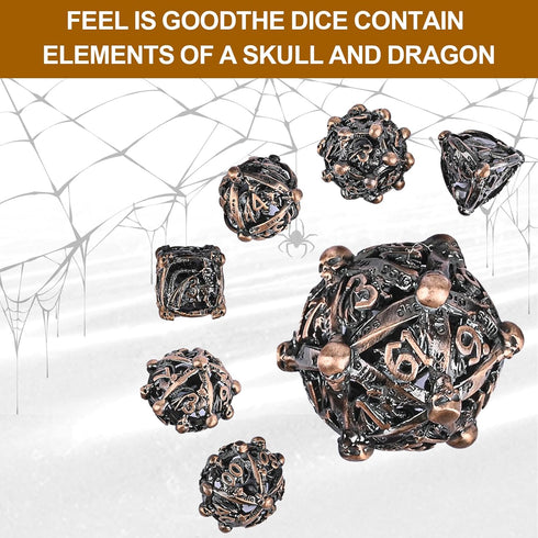 DND Metal Dice Set, UBEUCK 7PCS Skull and Dragon Dice for Dungeons & Dragons, Ancient Red Copper