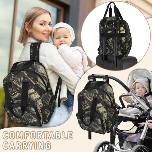 Shoblo Backpack Books Black Diaper Bag for Travel, Waterproof Diaper Bag with Insulated Bottle Pockets & USB Port