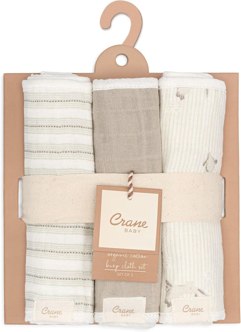 100% 3-pc. Set Crane Baby Organic Cotton Burp Cloth - GOTS Certified Cotton, Absorbent & Lightweight with Bunny