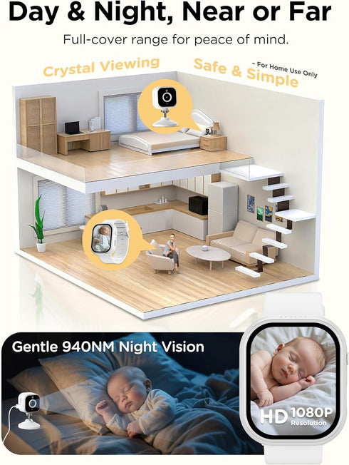 NUOTUN 2'' 1080P 2-Way Baby Monitor with Camera and Audio Watch, Wearable Portable HD Baby Monitor No WiFi, Video Loop