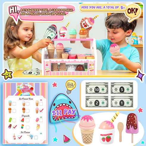 Counter Playset 3 4 5 6 7 8 Loscola Ice Cream Toy, Wooden Ice Cream Toys for Kids Toddlers, Pretend Play Kitchen Food