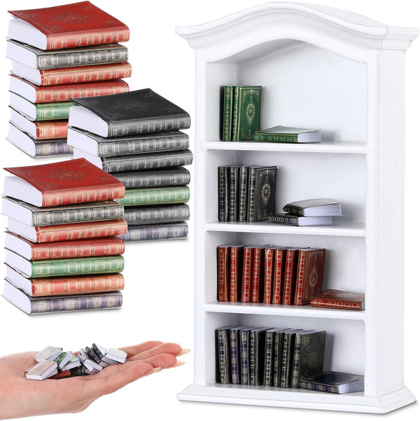 Poen 27 Pcs 1:12 Scale Miniatures Dollhouse Books with Wooden Bookcase Dollhouse Decoration Accessories