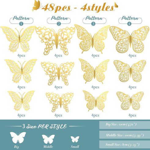 3D Gold Butterfly Wall Decor, 3 Sizes 4 Styles Butterfly Party Decorations, Removable Stickers for Room Mural (Gold,