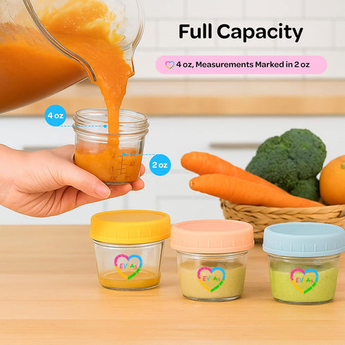 12-Pack 4 oz EVLA'S Baby Food Containers - Glass Jars with Lids - BPA-Free, Microwave, Freezer, and Dishwasher Safe