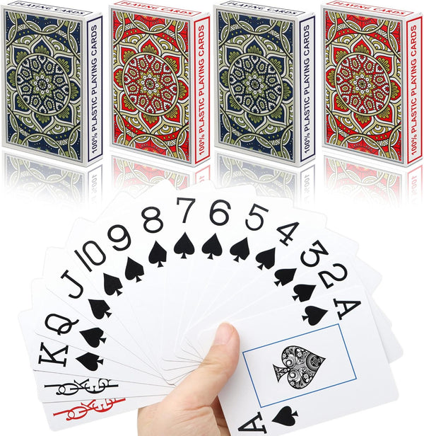 Plastic Waterproof Playing Cards, 4 Pack Jumbo Index Large Print for Adults, Seniors, Professional Poker Decks