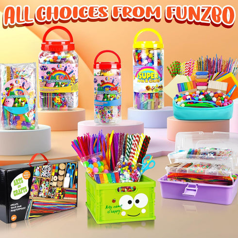 FUNZBO 1200+ Arts & Crafts Supplies for Kids - Craft Kits with Pipe Cleaners, Pom Poms, Popsicle Sticks