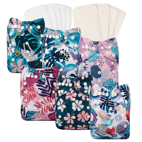 babygoal Reusable Cloth Diapers 6 Pack with 10pcs Inserts, One Size Adjustable