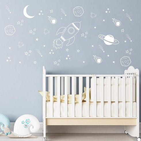 Space Wall Decal for Nursery, Outer Space Decor with Rocket Ship and Planets for Baby Boys Room