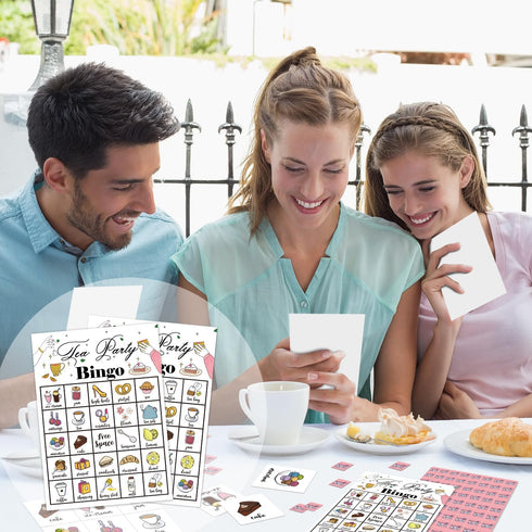 Tea Party Bingo Game, 24 Players Cards for Women Men Birthday Favors, Family Holiday Party Supplies Garden Decoration