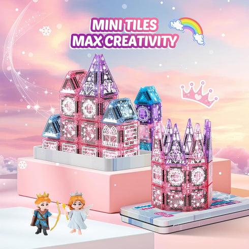 Windidi 2 3-5 4-8 8-12 Magnetic Tiles Princess Toys, Princess Castle Travel Magnetic Blocks with Metal Box & Dolls