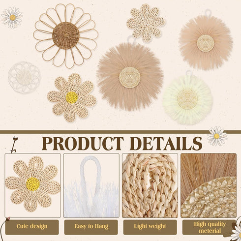 7 Chunful Pcs Boho Wall Basket Decor Rattan Flower Wall Decor Nursery Daisy Flower Woven Macrame Hanging Flowers
