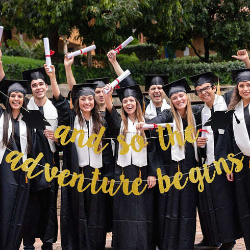 Gold Glitter And So The Adventure Begins Banner - Graduation Decorations for College 2025 Party