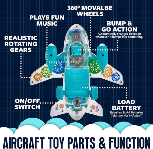 3+ Playbees Light Up Transparent Gear Airplane Kids Bump and Go Autism Toys Colorful Moving Gears with Music and LED