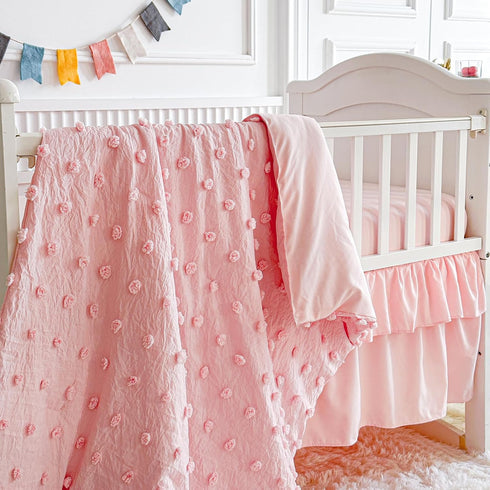 Set 3pc Set Pink Crib Bedding Tufted Dots Jacquard Baby Girls Comforter with Fitted Sheet and Bed Skirt - Cute