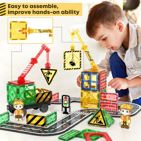 Kids Games Magnetic Tiles with 2 Cranes Construction Toys Set for Boys Girls Ages 3-13, Outdoor Sensory Toys