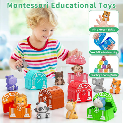 Montessori Learning Toy for Toddlers 1-3 Years, Educational Counting, Matching & Sorting with 10 Safari Animals & 10