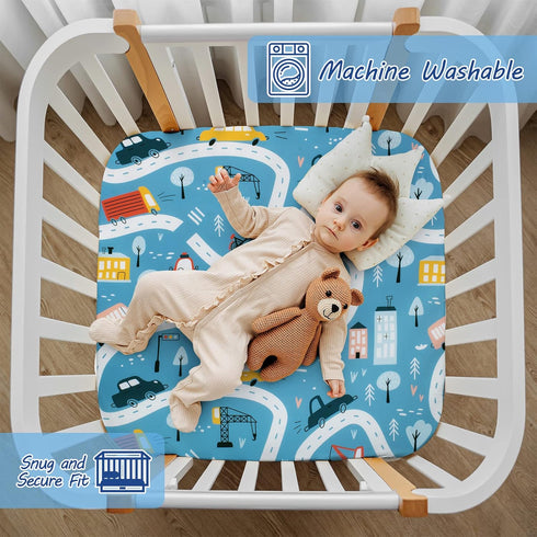 Cloele Square Playard/Playpen Fitted Sheets Perfect for 36 X 36 Portable Playard Mattresses - Square Pack and Play Crib Sheets - Ultra Soft Polyester Blue Car Fitted Playpen Sheet for Baby by Cloele