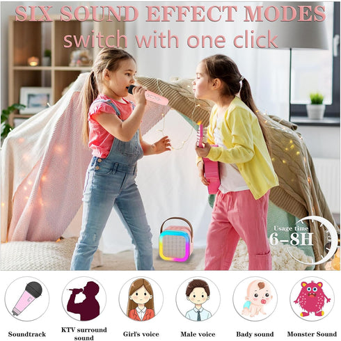 Karaoke Machine for Kids, Portable Bluetooth Speaker with 2 Wireless Microphones, Disco Ball Strobe Lamp for Dance