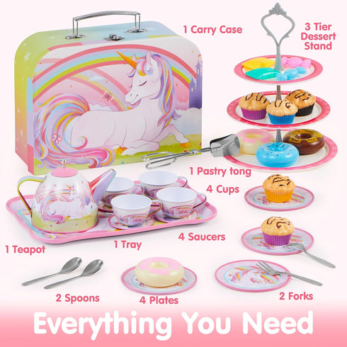 35Pcs Set Set, 3 4 5 6 JOYIN Unicorn Tea Party for Little Girls, Pretend Tin Teapot Princess Tea Time Play Kitchen Toy