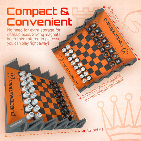 6 Inches Magnetic Chess Set, Unique Board Game with 2 Extra Queens, Portable Travel Folding Board, Orange/Grey