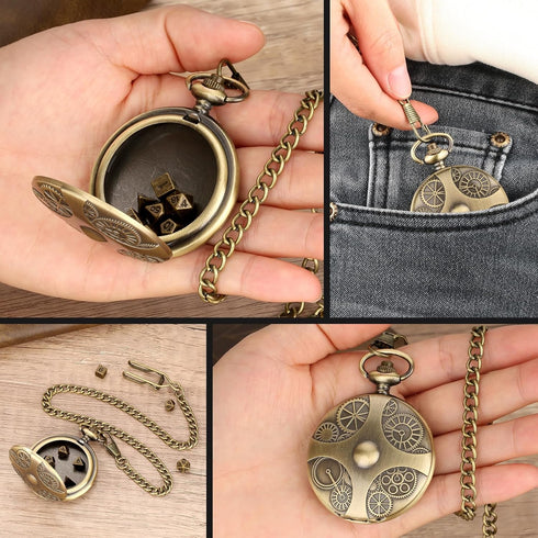 Mini DND Dice Set: 7pcs Polyhedral Metal Dice with Bronze Steampunk Gear Pocket Watch Case