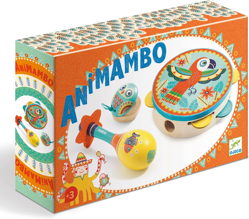 Set 3+ DJECO Animambo Tambourine, Maraca, Castanet Music Instrument - Cute Parrot, Fish & Owl Design Toddler