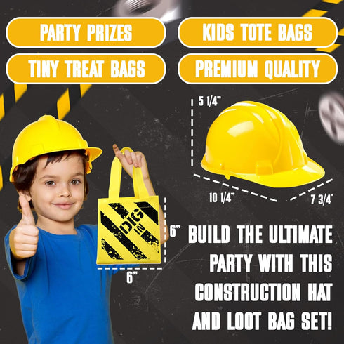 (24 Pack) (12) (12) Bedwina Construction Themed Party Supplies - Construction Party Favors Hat & Mini Tote Bag Supplies