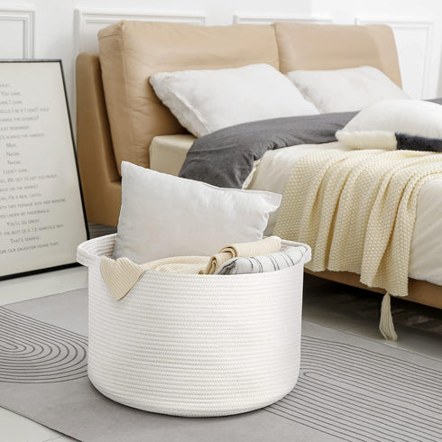 White Rope Storage Baskets, Extra Large 22" X 22" X 14" Cotton Basket for Organizing Baby Laundry