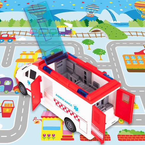 Kids Ambulance Toy Truck 1/16 Scale with Lights & Siren, Friction-Powered Rescue Toy with Removable Stretcher and Open