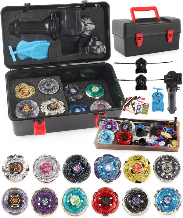 Bey Battling Top Toy Blade Set - 12 Spinning Tops, 3 Launchers, Metal Fusion Gyro Game with Portable Storage Box