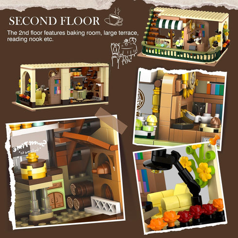 City Coffee House Building Set with Light, 1173 PCS Cafe Shop Building Block Toy with Ordering Counter and Baking Room
