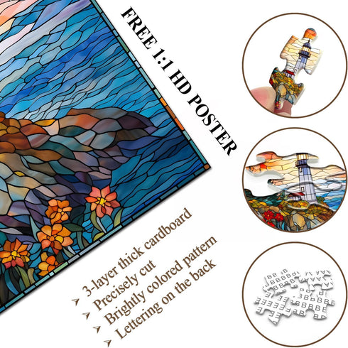 Stained Glass Lighthouse 1000 Piece Puzzles for Adults, Mosaic Beach Scenic Jigsaw