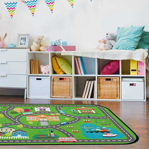 HUXINO 36"x24" Kids Play Mat Rug, Low Pile City Road Traffic Carpet, Educational Toddler Playmat with Farm & Vehicle
