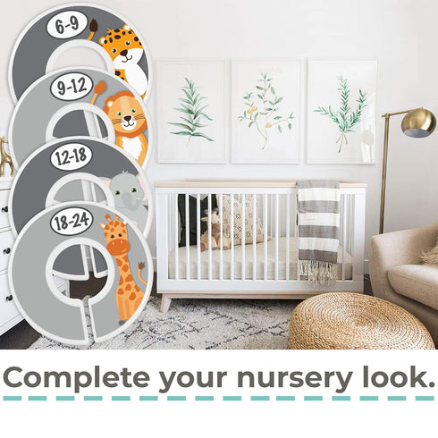 Safari Nursery Closet Size Dividers - 7X for Baby Clothes, Elephant Giraffe Zebra Lion Monkey Decor (Grey)