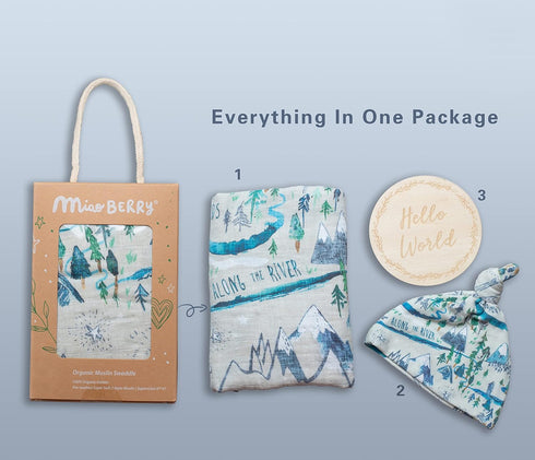 Miaoberry Mountain Baby Organic Muslin Swaddle Blankets for Baby Boy with Hat and Wooden Hello World Newborn Sign