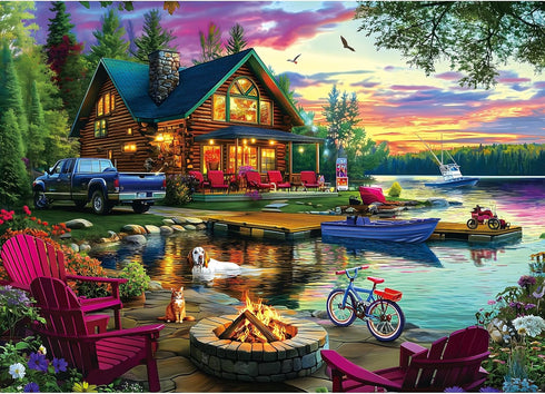 1000 Piece Puzzle for Adults Lakeside Sunset Log Cabin Jigsaw Adult Puzzles