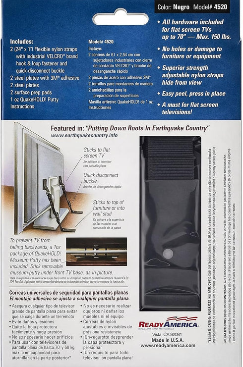 1 Pack QuakeHOLD! Universal Flat Screen TV Safety Straps, Nylon Anti-Tip Adhesive Straps, Earthquake Protection