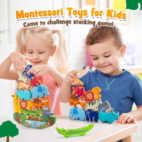 Animals Montessori Toddler Toys for 2-7 Year Old Boys Girls, Wooden Animal Blocks Stacking Toy, Educational Fine Motor