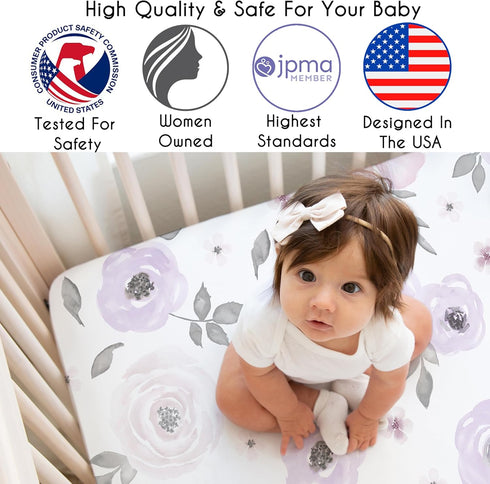 Sweet Jojo Designs Baby Girl Fitted Mini Crib Sheet - Lavender Purple, Pink, Grey, White Watercolor Floral Collection