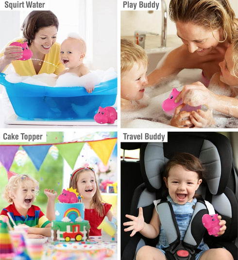 DolliBu Hippo Bath Buddy Squirter - Floating Pink Hippo Rubber Bath Toy, Fun Water Squirting Bathtime Play For Toddlers