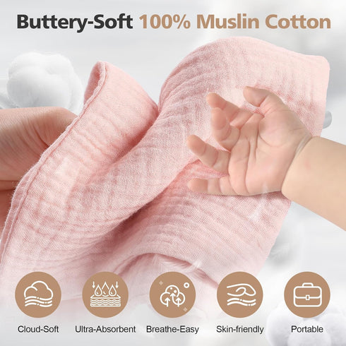 5 Pack, 12x12 Inches MUKIN Baby Washcloths,Muslin Burp Cloths Towels for Newborns,Absorbent Cotton Bath Face Towel